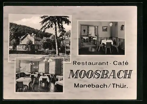 AK Manebach /Thür., Restaurant-Café Moosbach mit Innenansichten