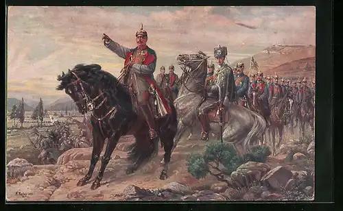 Künstler-AK Kaiser Wilhelm II. an der Spitze seiner Heerführer