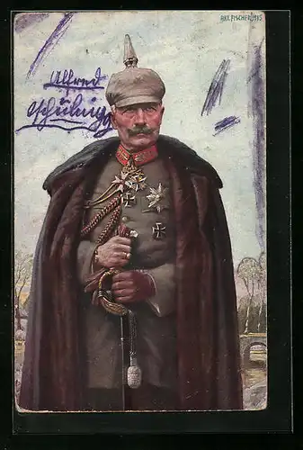 Künstler-AK Kaiser Wilhelm II. in Uniform mit Mantel