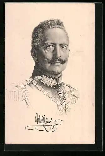 Künstler-AK Portrait Kaiser Wilhelm II. in Uniformjacke mit Kragenspiegel