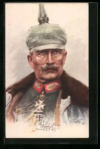 Künstler-AK Portrait Kaiser Wilhelm II. mit Pickelhelm