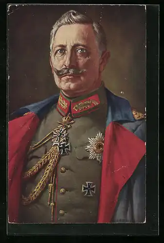 Künstler-AK Kaiser Wilhelm II. in Uniform und blauem Mantel