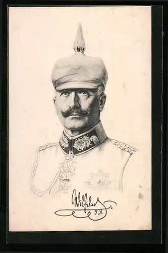 Künstler-AK Kaiser Wilhelm II. im Portrait mit verzierter Uniform und Pickelhaube