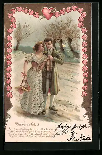 AK Verlornes Glück, Liebespaar beim Morgenspaziergang