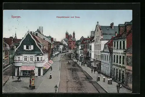 AK Speyer, Hauptstrasse mit Central-Drogerie und Dom