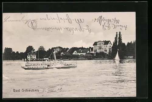 AK Bad Schachen, Uferpartie mit Dampfer