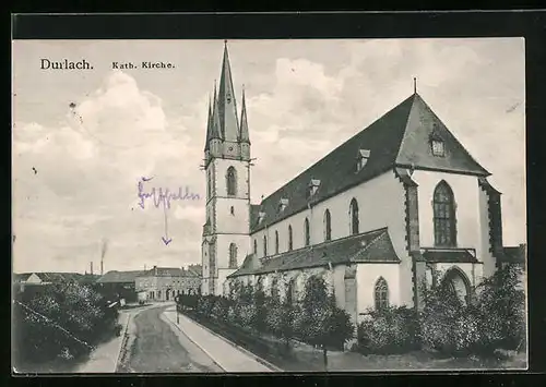 AK Durlach, Katholische Kirche mit Strassenpartie