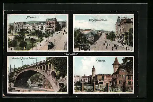 AK Plauen /Vogtl., Albertplatz, Bahnhofstrasse, Kaserne