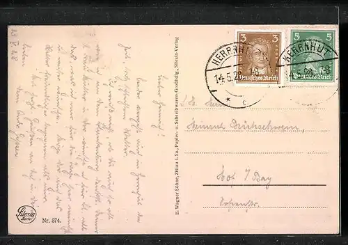 AK Herrnhut, Gesamtansicht gegen Gebirge