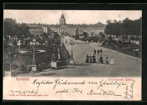 AK Karlsruhe, Grossherzogl. Schloss mit Denkmal