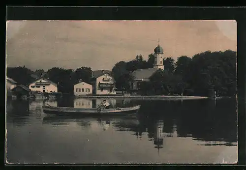 AK Tutzing, Am Starnberger See mit Kirche und Boot