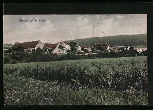 AK Dietendorf b. Zeitz, Blick über Felder auf den Ort