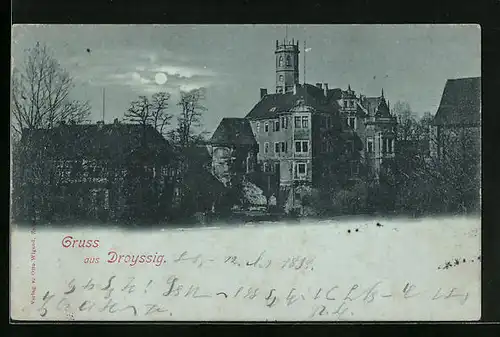 Mondschein-AK Droyssig, Teilansicht mit Schloss
