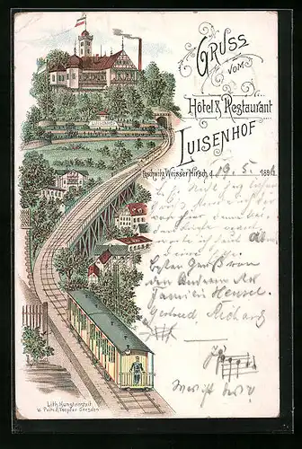 Lithographie Dresden-Weisser Hirsch, Hotel & Restaurant Luisenhof und Bergbahn