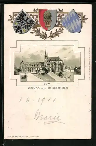 Passepartout-Lithographie Augsburg, Totalansicht vom Dom, Wappen