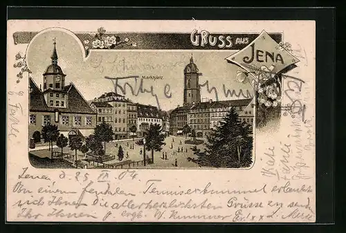 Lithographie Jena, Marktplatz mit Rathaus