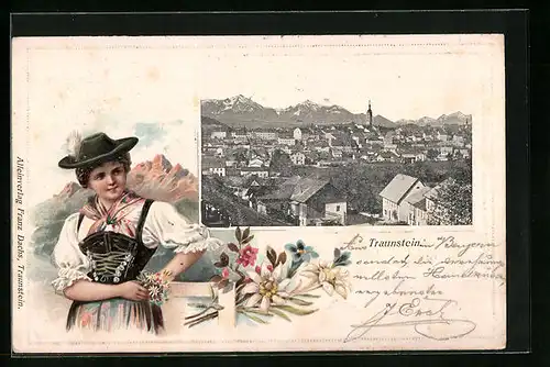 Passepartout-Lithographie Traunstein, Blick über die Dächer, Bayerin in Tracht