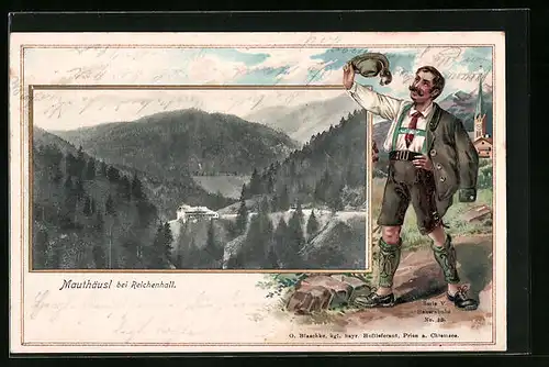 Passepartout-Lithographie Reichenhall, Gasthof Mauthäusl, Bayer in Tracht