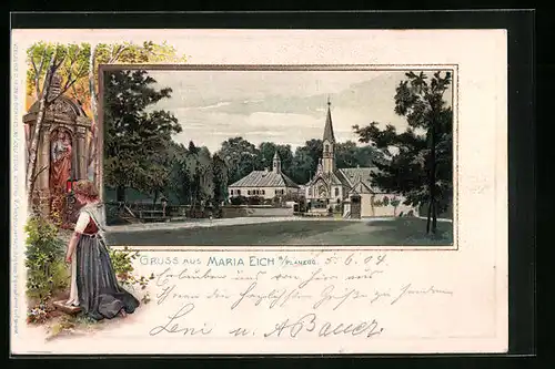 Passepartout-Lithographie Maria Eich a. Planegg, Blick zur Kirche, Waldandacht