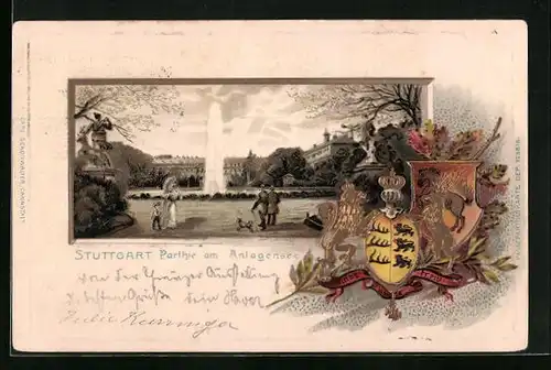 Passepartout-Lithographie Stuttgart, Partie am Anlagensee, Wappen