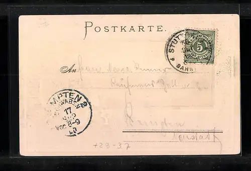 Passepartout-Lithographie Stuttgart, Partie am Anlagensee, Wappen