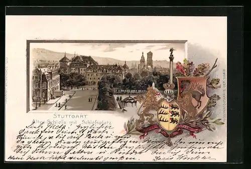 Passepartout-Lithographie Stuttgart, Altes Schloss mit Schlossplatz, Wappen