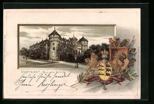 Passepartout-Lithographie Stuttgart, Das alte Schloss, Wappen