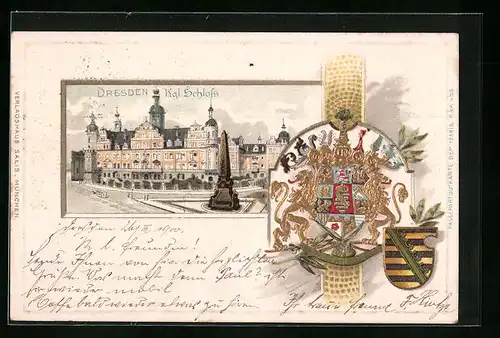 Passepartout-Lithographie Dresden, Kgl. Schloss, Wappen