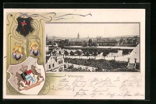 Passepartout-Lithographie Würzburg, Blick über die Stadt, Wappen