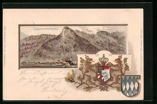 Passepartout-Lithographie Oberammergau, Ortsansicht gegen das Gebirge, Wappen
