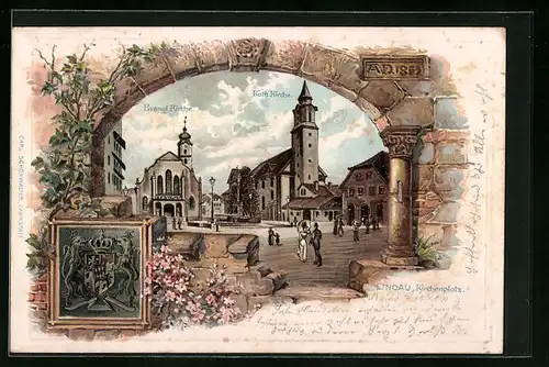 Passepartout-Lithographie Lindau, Kirchenplatz mit ev. und kath. Kirche, Wappen