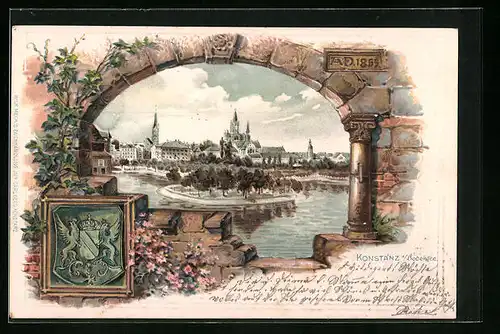 Passepartout-Lithographie Konstanz /Bodensee, Ortspartie am Seeufer, Wappen