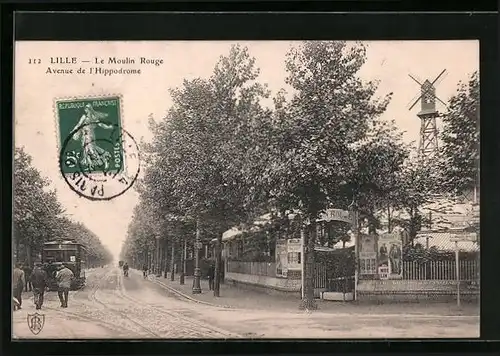 AK Lille, Le Moulin Rouge, Avenue de l`Hippodrome, Strassenbahn
