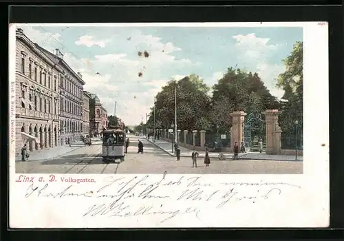 AK Linz a. D., Volksgarten mit Strassenbahn