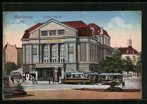 AK Magdeburg, Zentral-Theater mit Strassenbahn