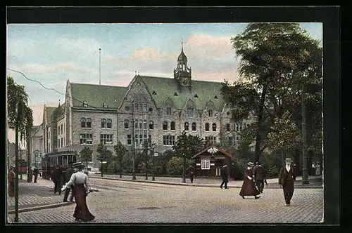 AK Düsseldorf, Kaiserliche Oberpostdirektion mit Strassenbahnen