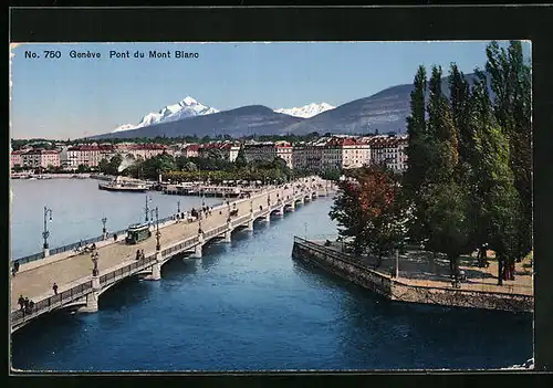 AK Geneve, Pont du Mont Blanc, Strassenbahn