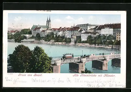 AK Basel, Alte Rheinbrücke mit Strassenbahn gegen Münster