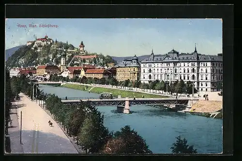 AK Graz, Schlossberg und Murbrücke mit Strassenbahn
