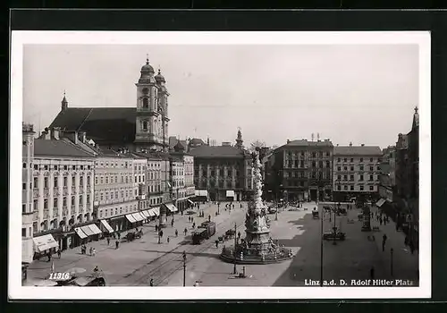 AK Linz a. d. D., Strassenbahn auf dem platz, Kirche und Pestsäule