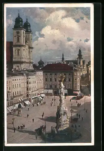 Künstler-AK Linz a. d. D., Strassenbahn auf dem Franz Josefs-Platz, Pestsäule und Dom