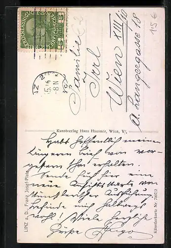 Künstler-AK Linz a. d. D., Strassenbahn auf dem Franz Josefs-Platz, Pestsäule und Dom