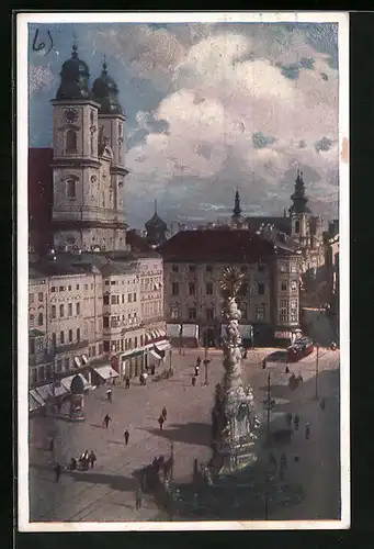 Künstler-AK Linz a. d. D., Strassenbahn auf dem Franz Josefs-Platz