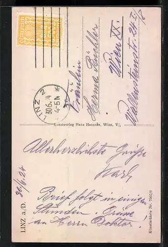 Künstler-AK Linz a. d. D., Strassenbahn auf dem Franz Josefs-Platz