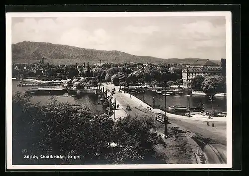 AK Zürich, Quaibrücke und Enge mit Strassenbahn