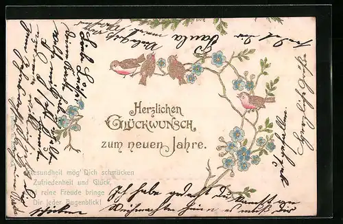 Präge-AK Vögel auf blühendem Strauch, Neujahr