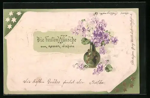 AK Neujahrsgruss mit Vase voller violetter Blumen
