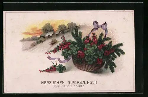 AK Neujahrsgruss mit Präsentkorb