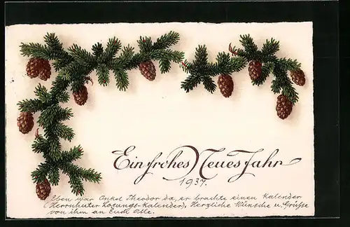 AK Tannenzweig mit Zapfen, Neujahr