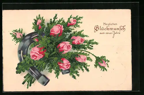 AK Rosenstrauss mit Hufeisen zum Neujahr